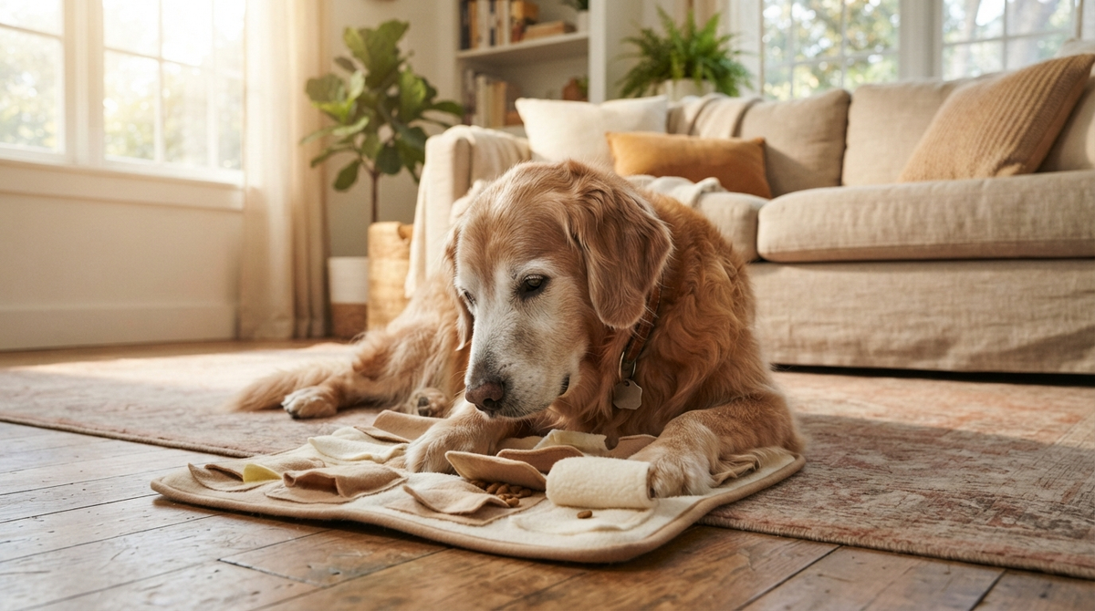 Calm senior golden retriever with graying muzzle attentively engaging with a simple enrichment puzzle mat in a softly sunlit warm-toned home living room, natural light, beige and amber tones