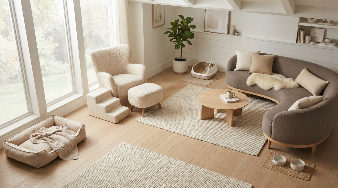 Illustrated living room showing arthritis-friendly home setup for cats
