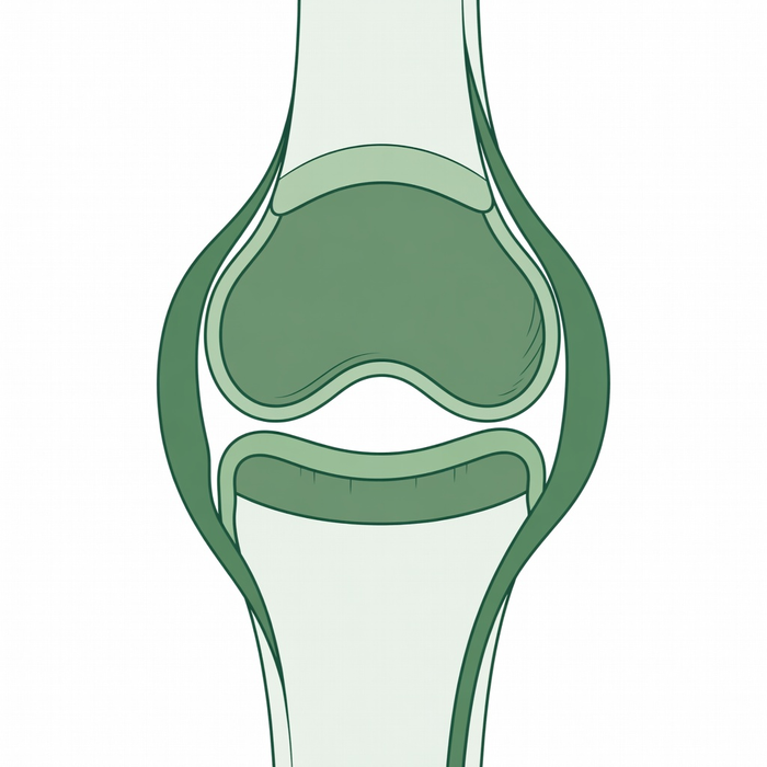 Minimal vector medical illustration of healthy canine synovial joint showing cartilage, synovial membrane, and fluid