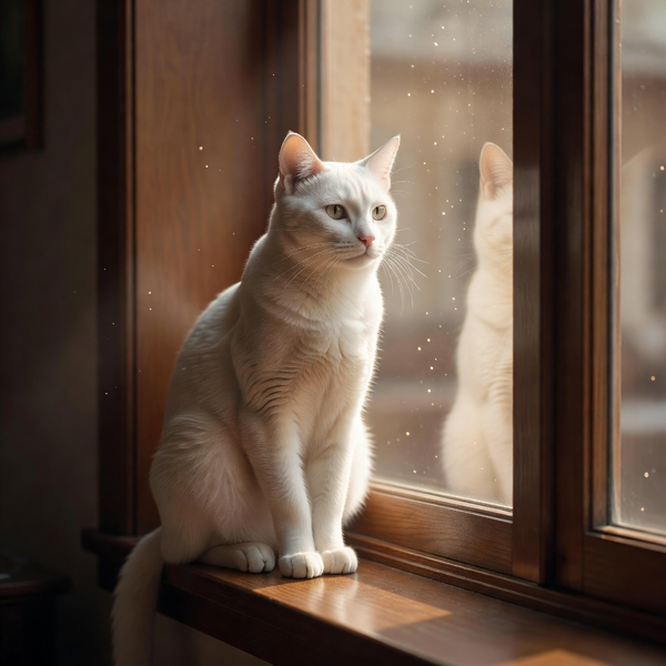 Senior white cat sitting on windowsill in soft afternoon light looking out window