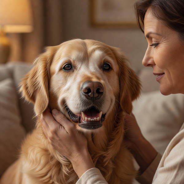 Happy senior dog close-up with gentle smile and warm soft background, dental care theme