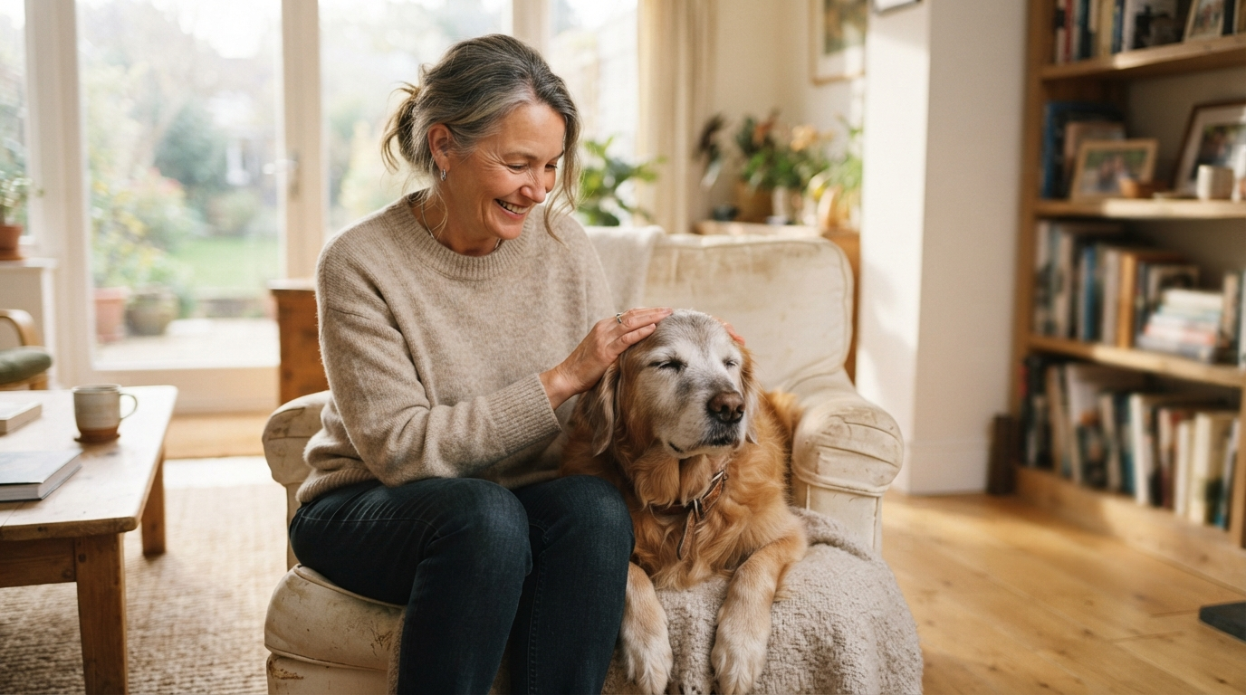 Owner with senior dog in warm natural light