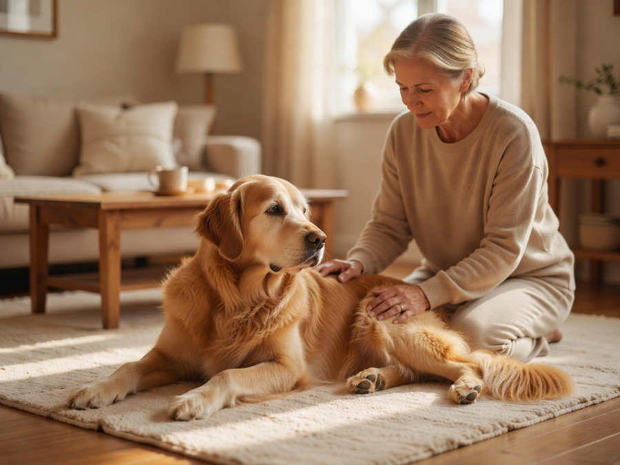Senior golden retriever resting on a cream rug with owner caring nearby, representing joint comfort