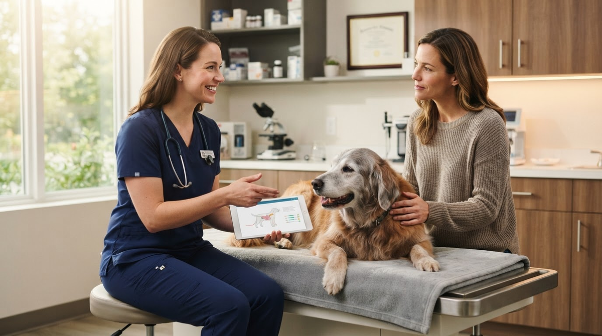 Veterinarian examining senior dog during wellness visit