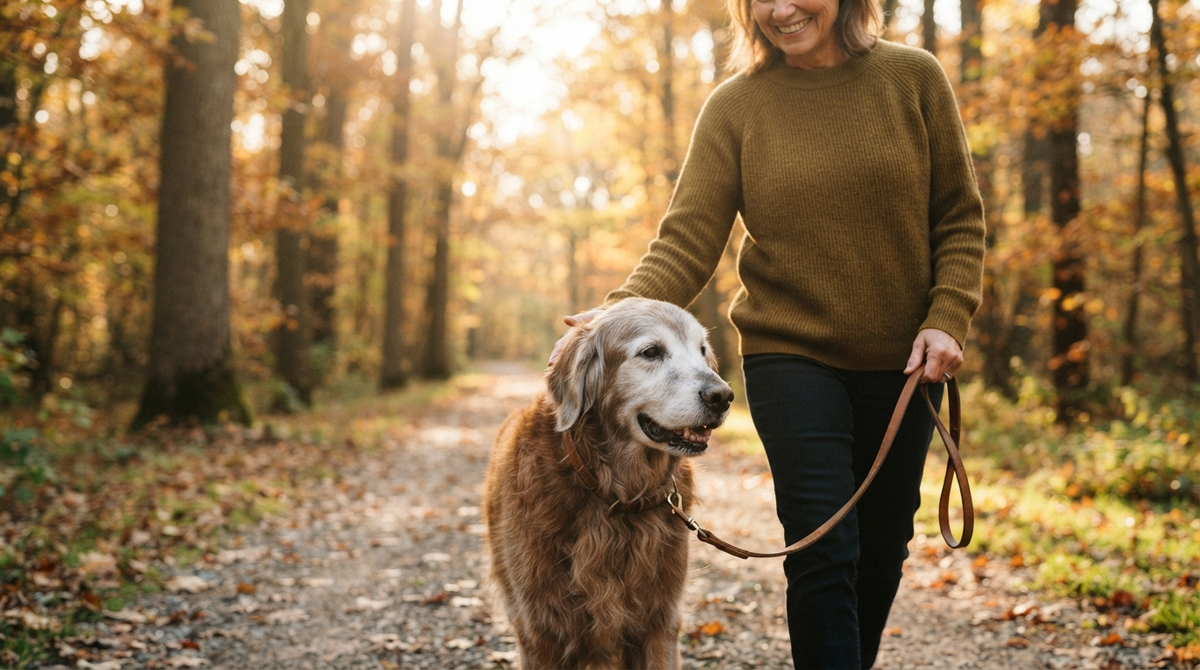 Beautiful grey-muzzled Golden Retriever walking peacefully beside owner during autumn morning