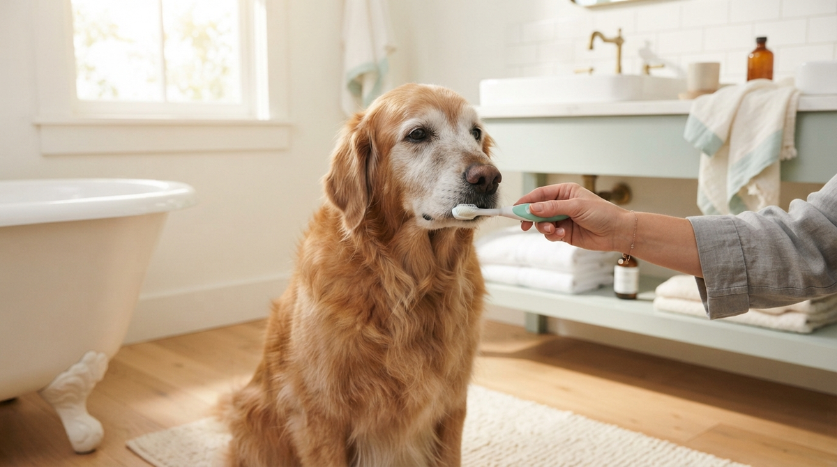 Calm senior golden retriever receiving gentle daily tooth brushing at home — a caring hand holding a soft dog toothbrush near the dog's mouth in bright sunlit bathroom with fresh white and mint accents