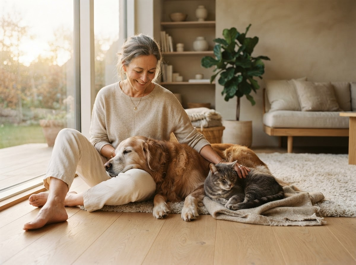 Senior dog and senior cat resting calmly with their owner in warm natural light