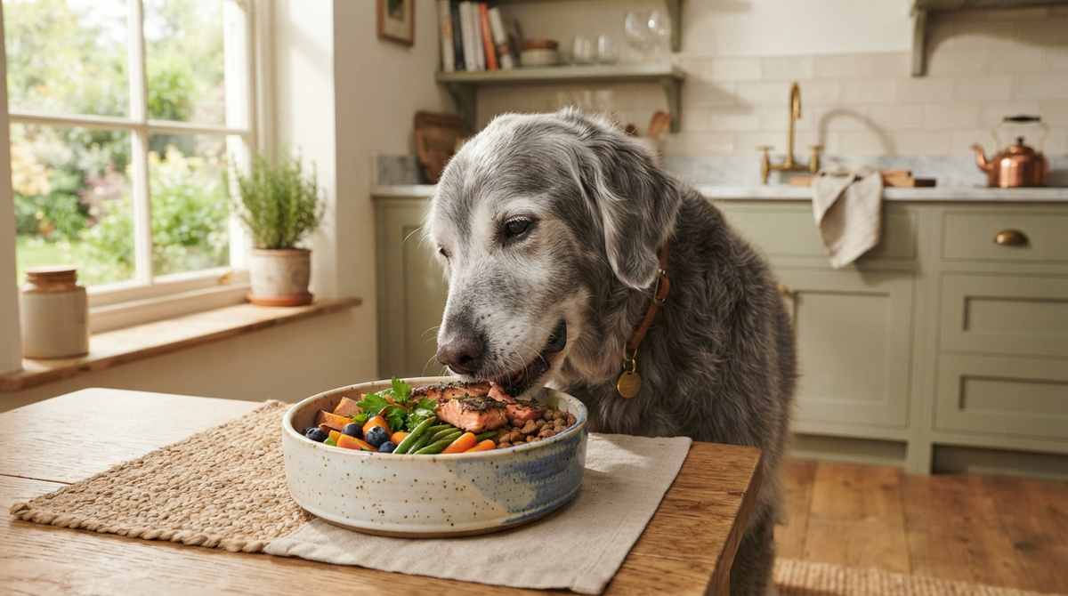 Healthy senior dog enjoying a balanced meal containing healthy fat sources, warm natural lighting