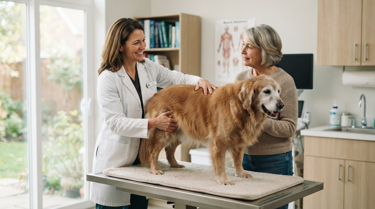 Veterinarian discussing body condition and muscle preservation with dog owner during wellness exam