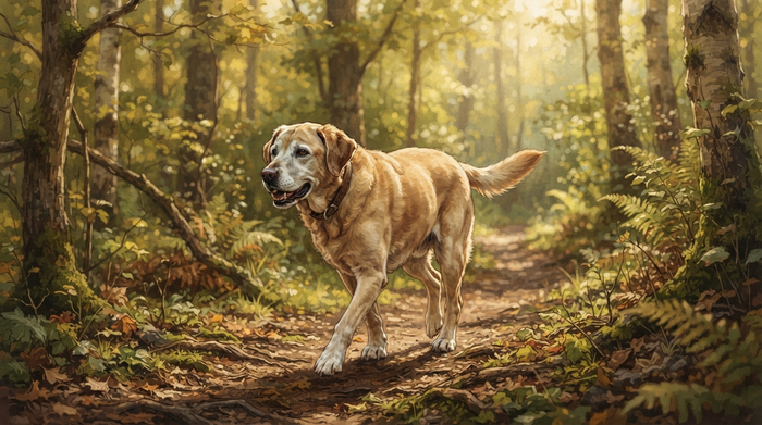 Healthy senior Labrador walking confidently on a forest trail