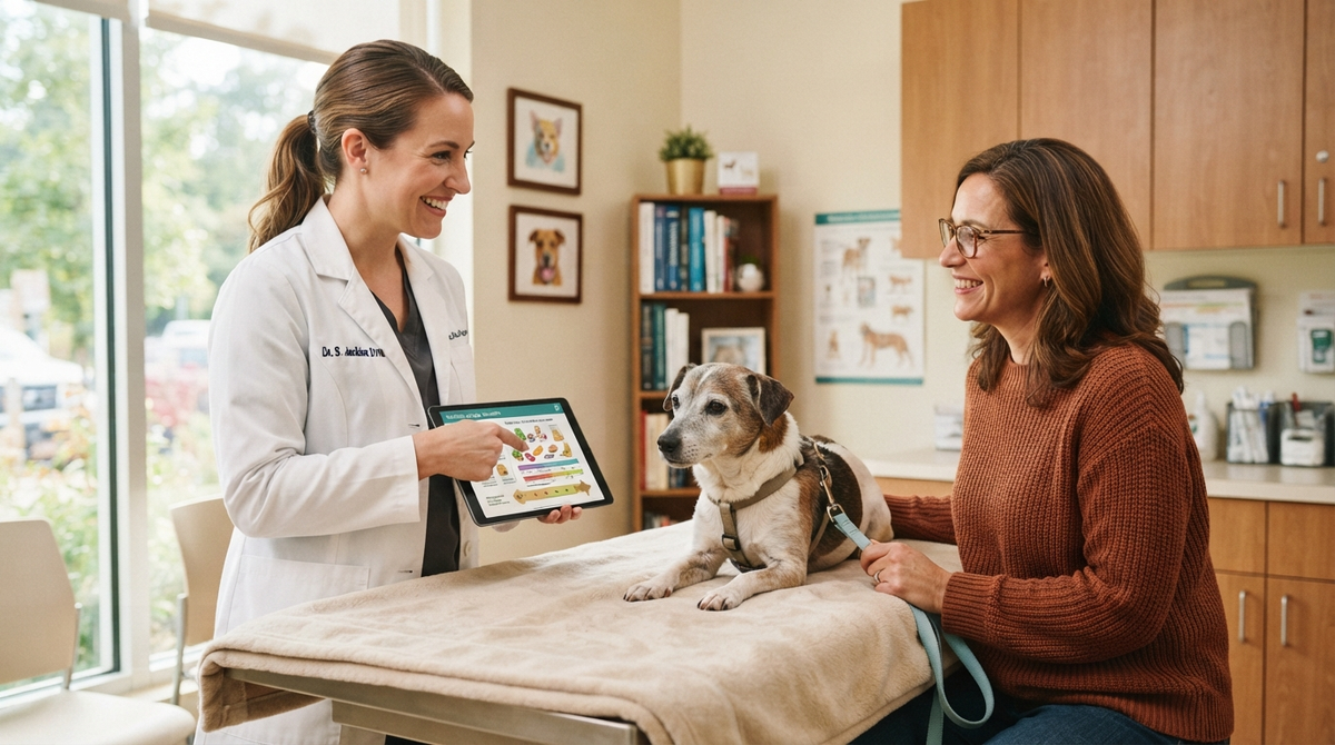 Veterinarian reviewing nutrition with dog owner during exam