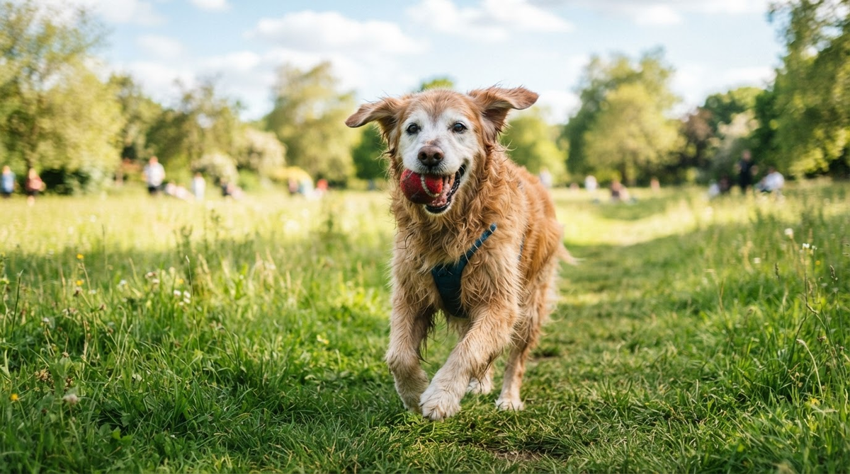 Senior dog playing comfortably outdoors, illustrating mobility and vitality supported by balanced nutrition