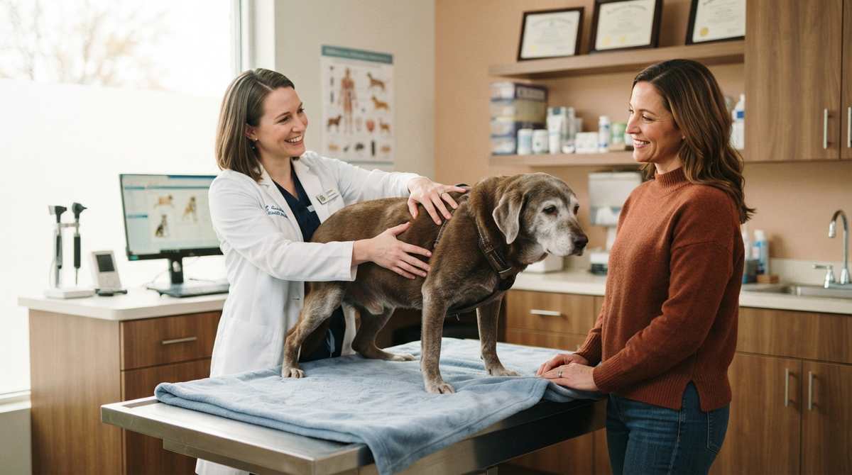 Veterinarian assessing Body Condition Score and Muscle Condition Score on senior dog while explaining to owner