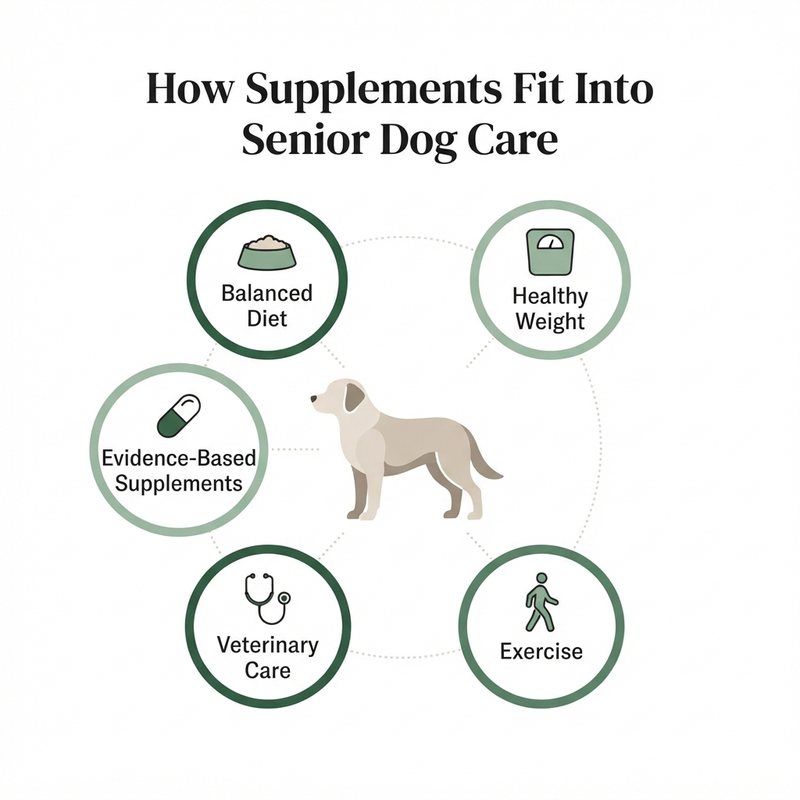 Five pillars of senior dog care: Balanced Diet, Healthy Weight, Exercise, Veterinary Care, Evidence-Based Supplements