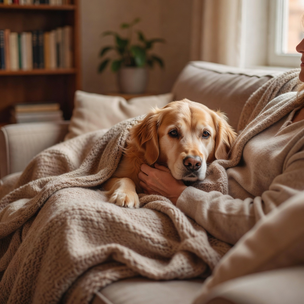 Senior dog resting its head on owner's lap, hand gently on chest, warm blanket, heart health companionship