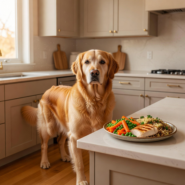 Senior dog standing calmly in bright airy kitchen near a wholesome balanced meal