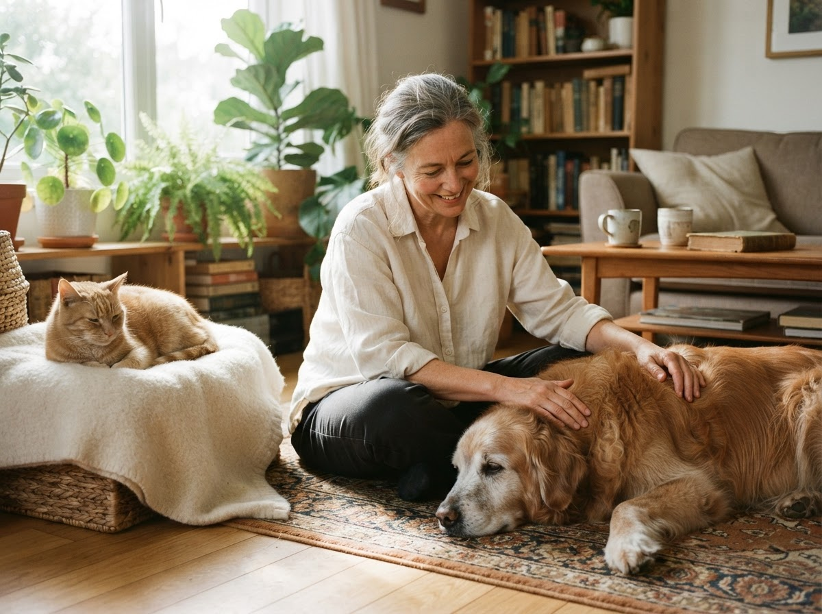Woman gently caring for senior golden retriever and senior cat at home