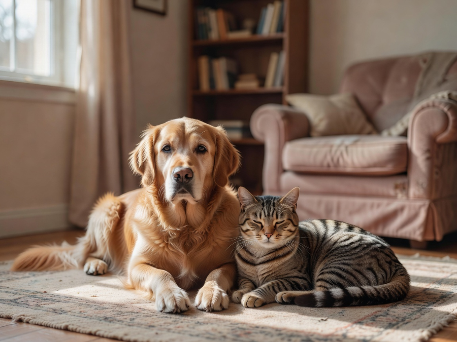 Senior golden dog and senior tabby cat resting together calmly in warm home light