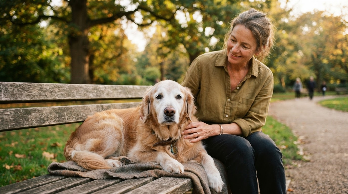 Relaxed healthy senior Golden Retriever resting with its owner after a gentle walk.