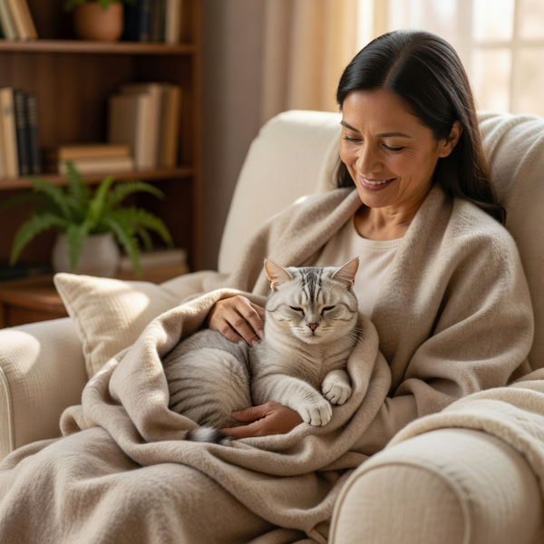 Owner holding senior cat gently wrapped in soft blanket at home, calm preventive care moment