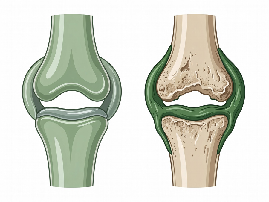Minimal medical illustration comparing healthy canine joint versus osteoarthritic joint with cartilage thinning