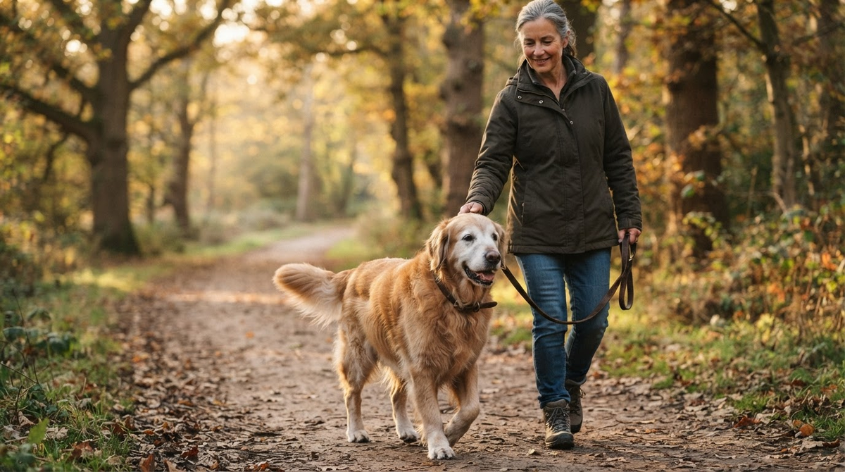 Healthy senior Golden Retriever walking confidently beside its owner — strong, athletic, and energetic