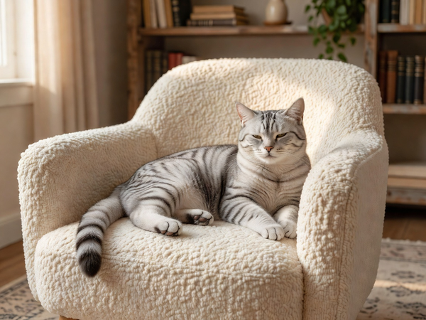 Senior gray tabby cat resting peacefully on a boucle chair in a sunlit living room