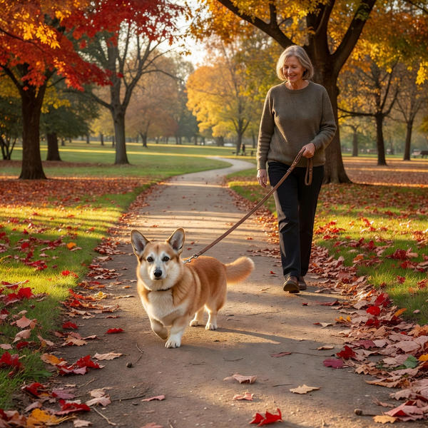Small senior dog on a slow gentle walk in a leafy park with owner, loose leash