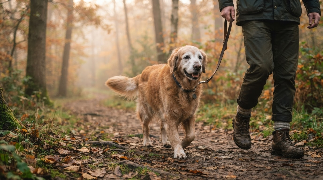 Happy senior Golden Retriever with grey muzzle walking outdoors with owner on a forest trail - premium editorial lifestyle