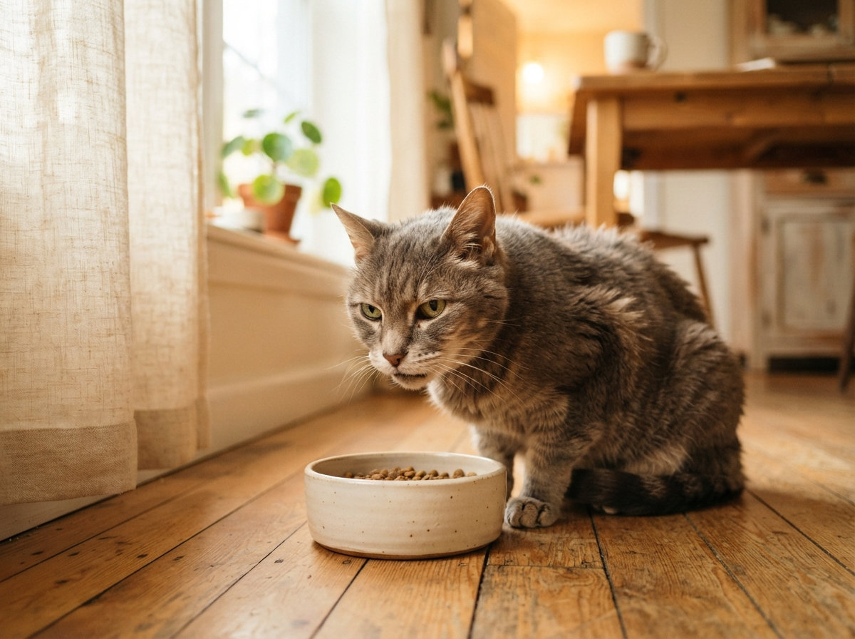 A relaxed senior gray tabby cat calmly eating from a low ceramic bowl in a warm, softly sunlit home kitchen, showing gentle contentment and healthy aging