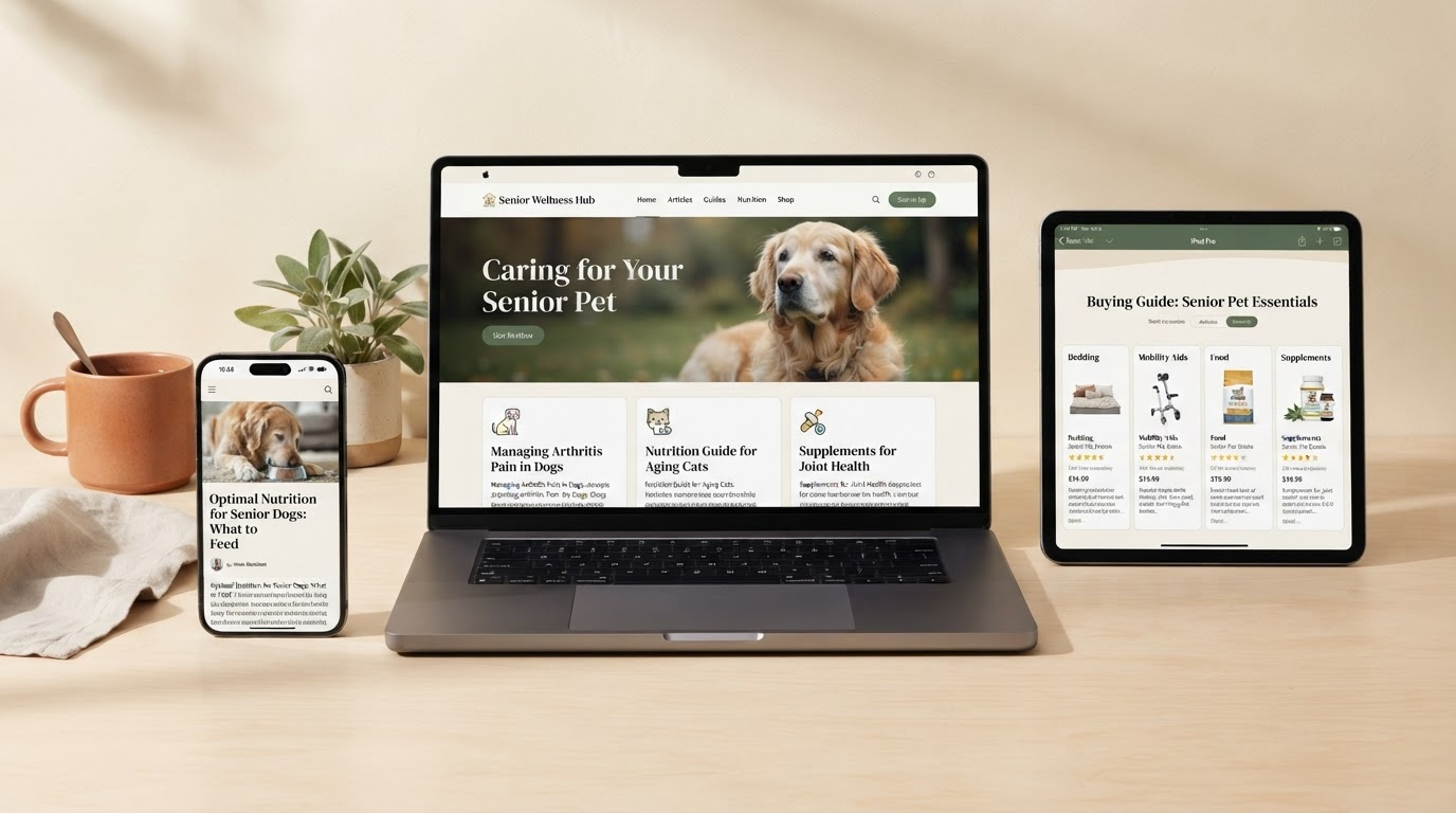 Laptop, tablet, and phone displaying the Happy Senior Pet Senior Wellness Hub