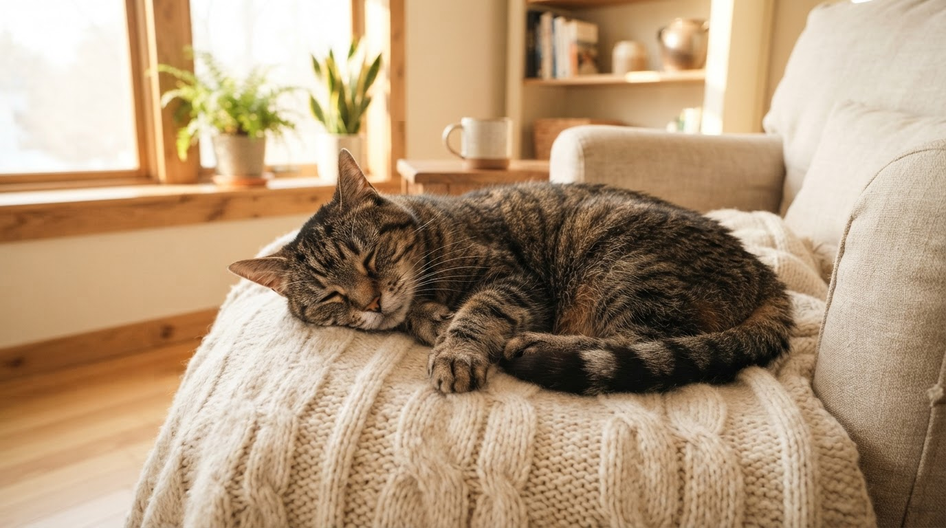 Senior cat resting comfortably in a bright, peaceful home