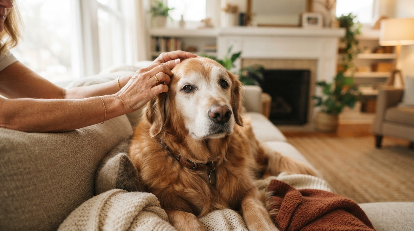 Senior Golden Retriever resting on a sofa being gently petted