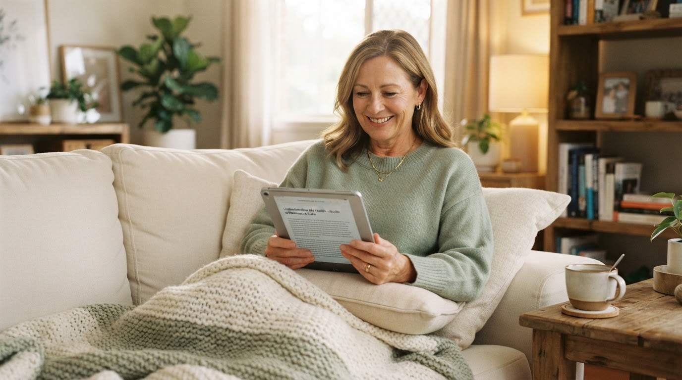 A woman reading PelviGuide health guidance on a tablet in her comfortable living room