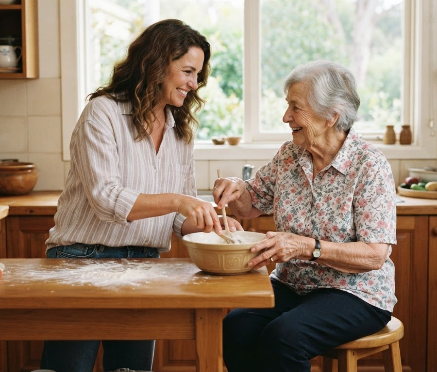 A daughter supporting her mother at home with care and warmth