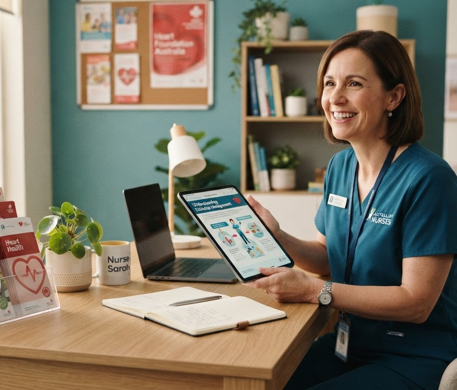 A health professional reviewing patient education materials at a modern desk