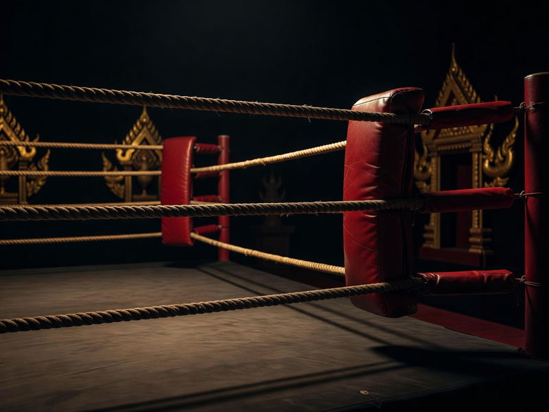 Muay Thai ring ropes with warm gold accents