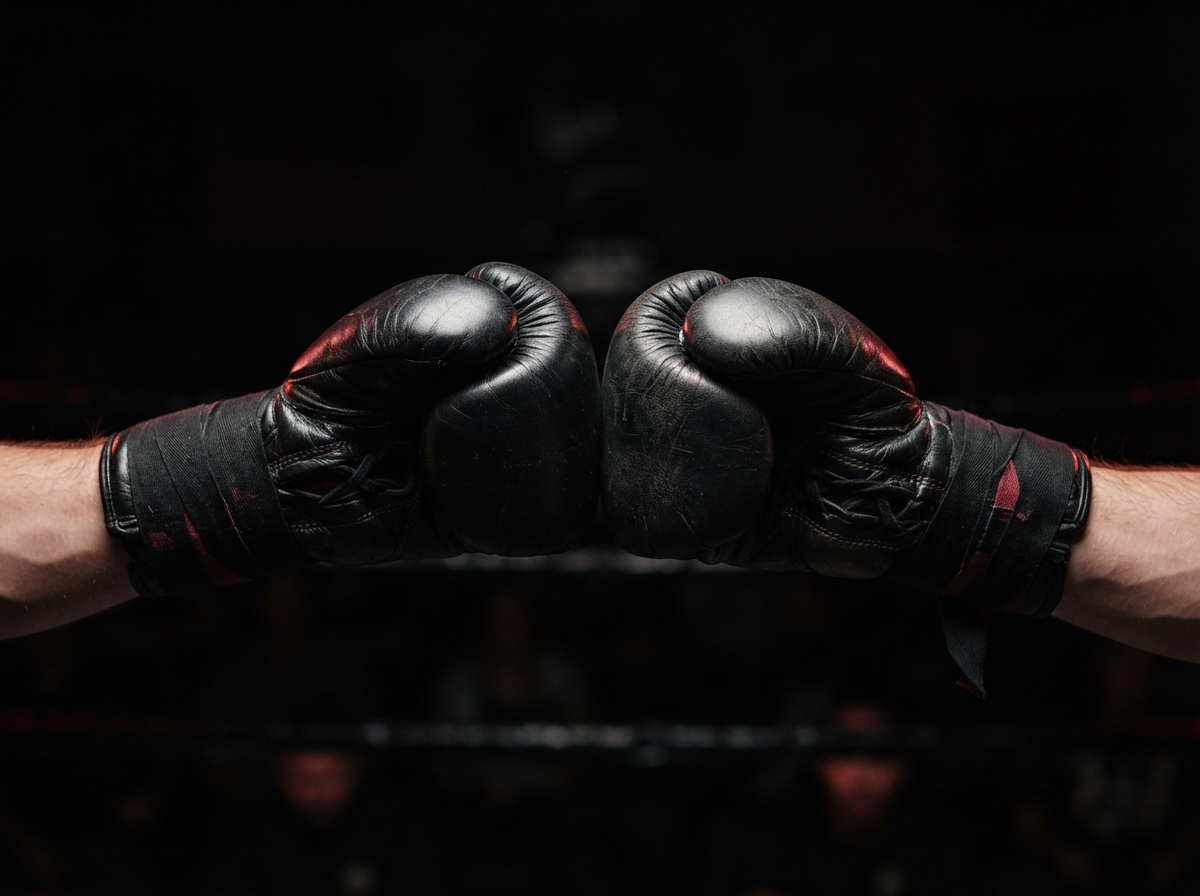 Boxing gloves touching under dramatic light