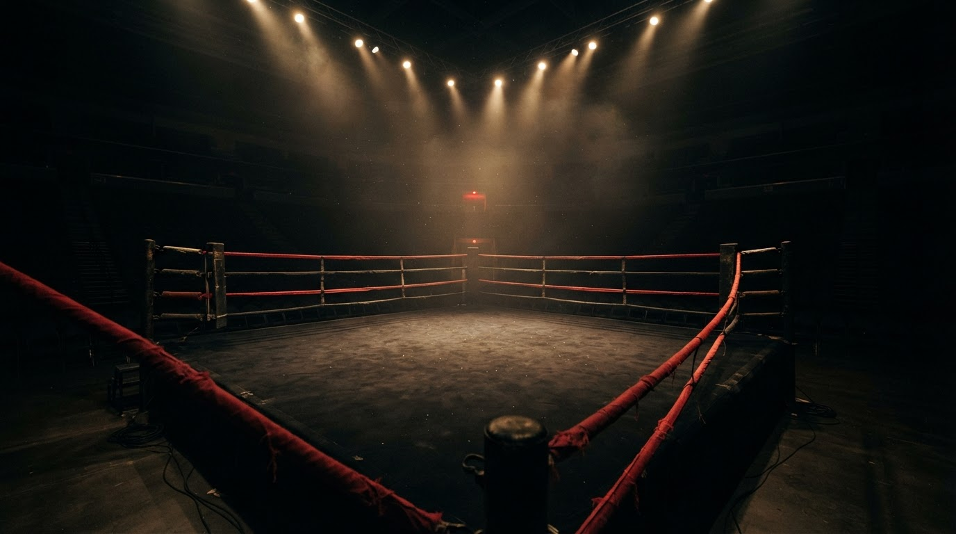Empty professional boxing ring under arena spotlights