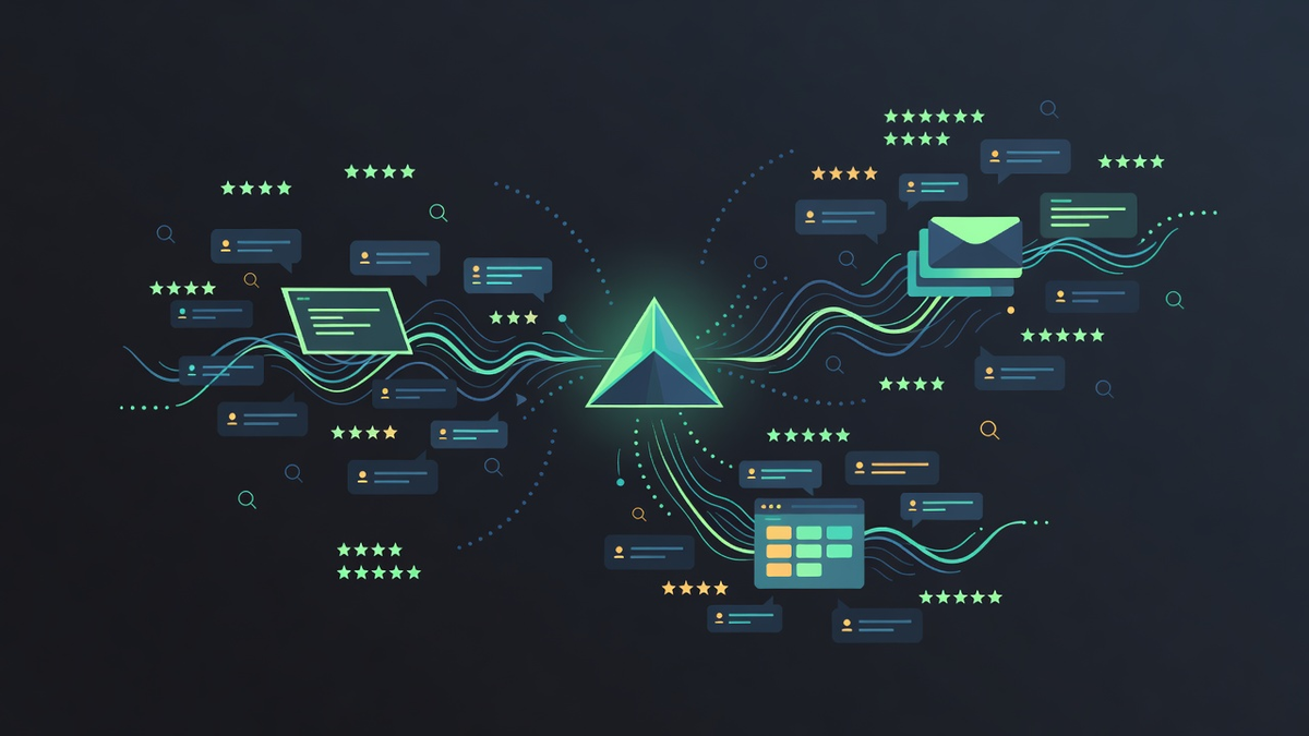 Customer messages, ratings, and content cards flow into a central AI shape before becoming organized marketing assets.