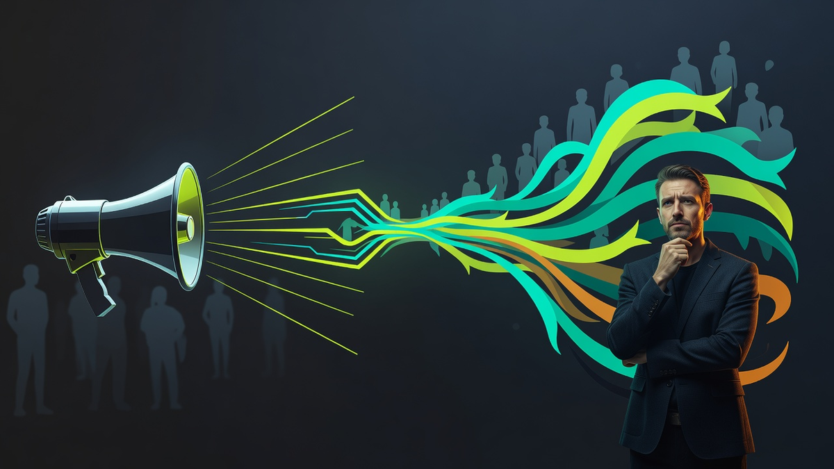 A megaphone sends scattered customer voices through colorful lines toward a thoughtful founder and an audience.