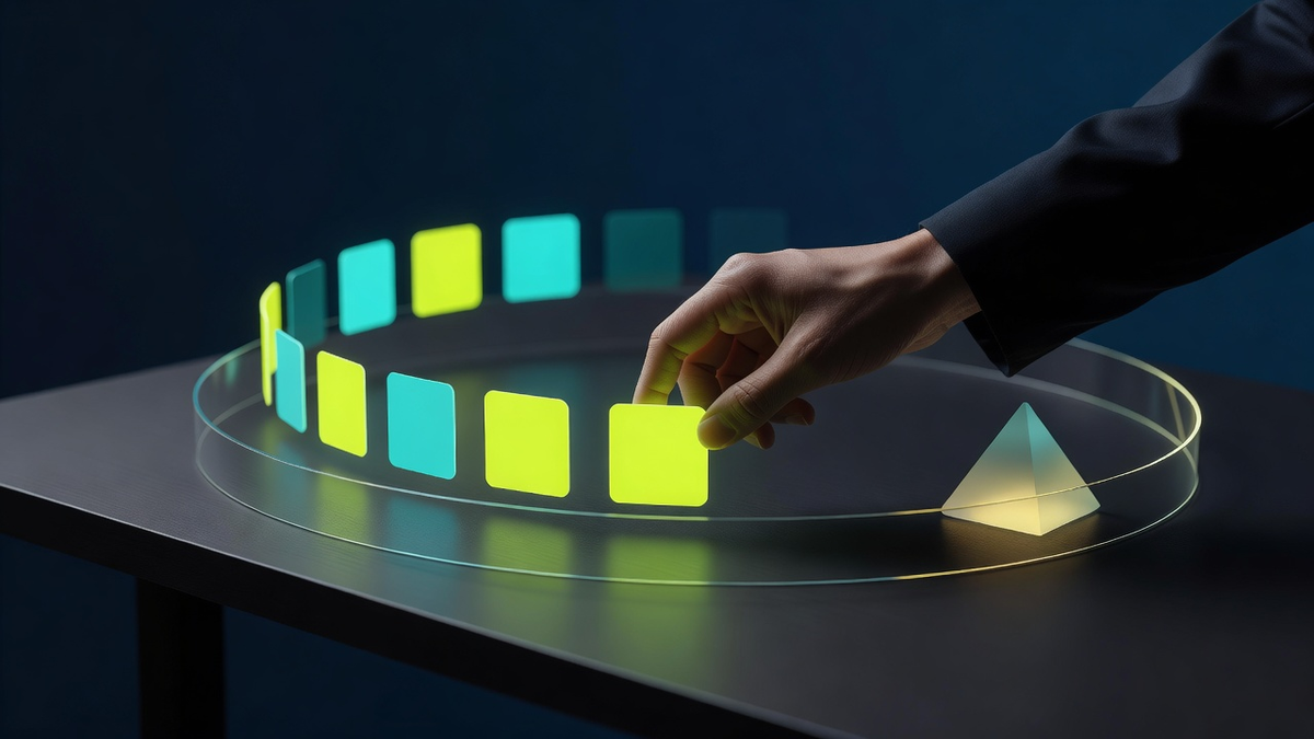 A hand places bright idea tiles around a circular path beside a small geometric guide, representing human-guided AI choices.