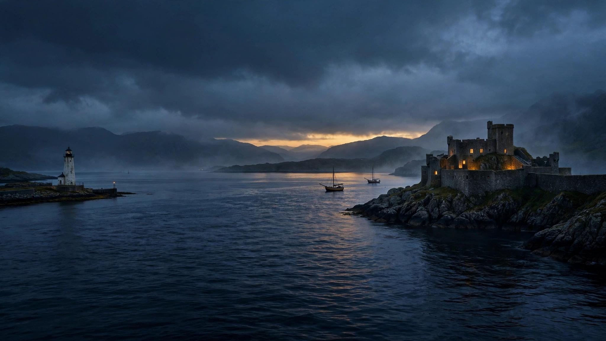 Studio identity artwork: a fictional stone coastal fortress and lighthouse above a dark harbour at twilight. This image represents Kingshaven Pictures as a studio, not a released film.