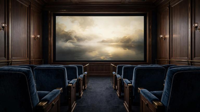 Studio identity concept artwork, not a film release: an empty navy art-house screening room with an abstract dawn landscape on screen.
