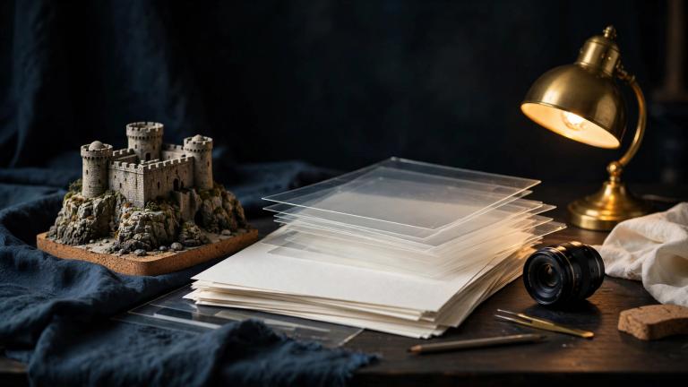 Studio identity concept artwork, not a film release: a miniature coastal fortress beside layered blank design sheets and a camera lens on a dark art-direction table.