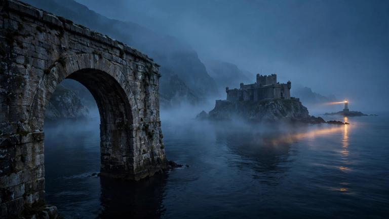Studio identity concept artwork, not a film release: a fictional stone arch and distant fortress above a misty harbour at blue hour.