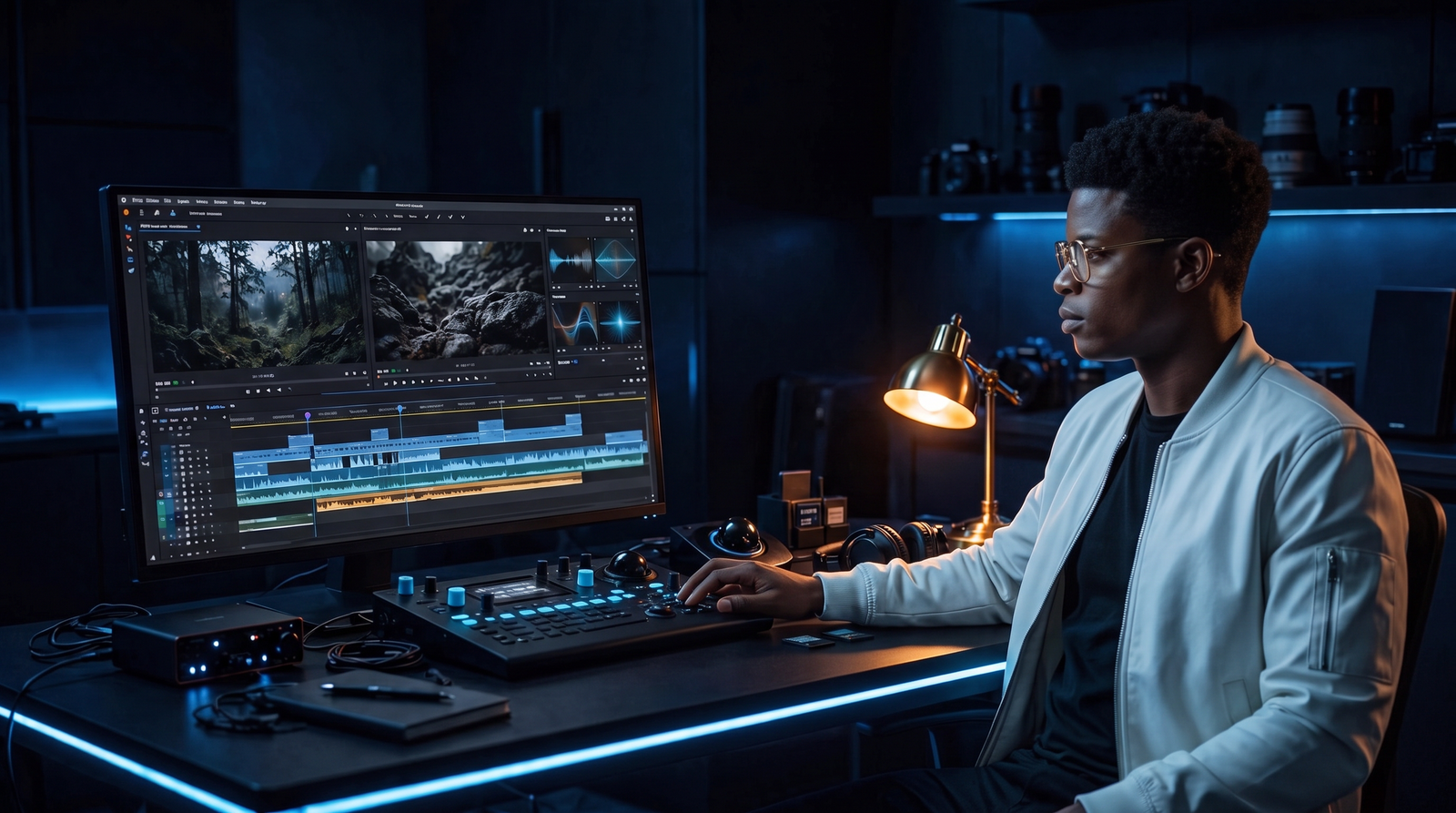 Victor Dairo working at his editing workstation, wearing glasses in a blue-lit studio.