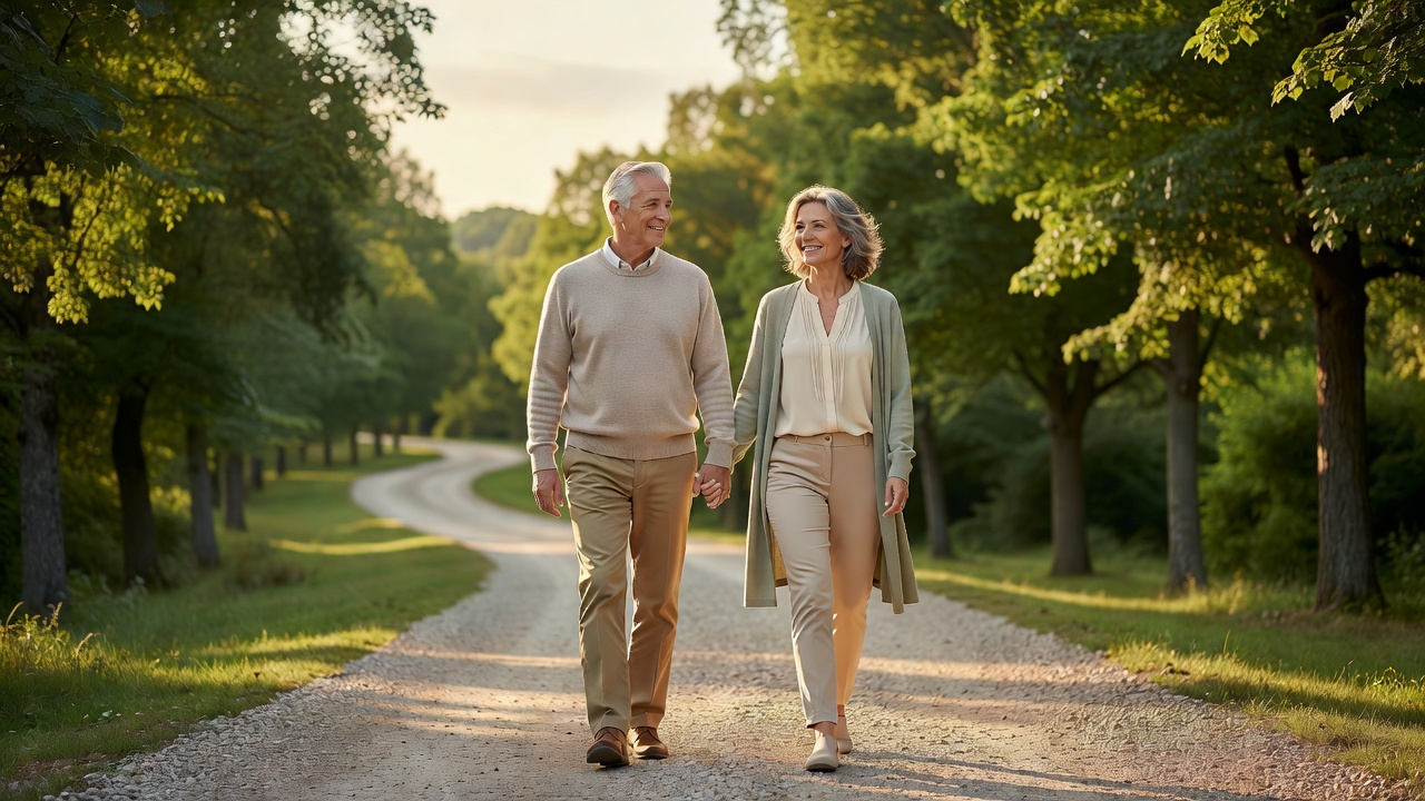 A couple walking together at golden hour on a tree-lined path