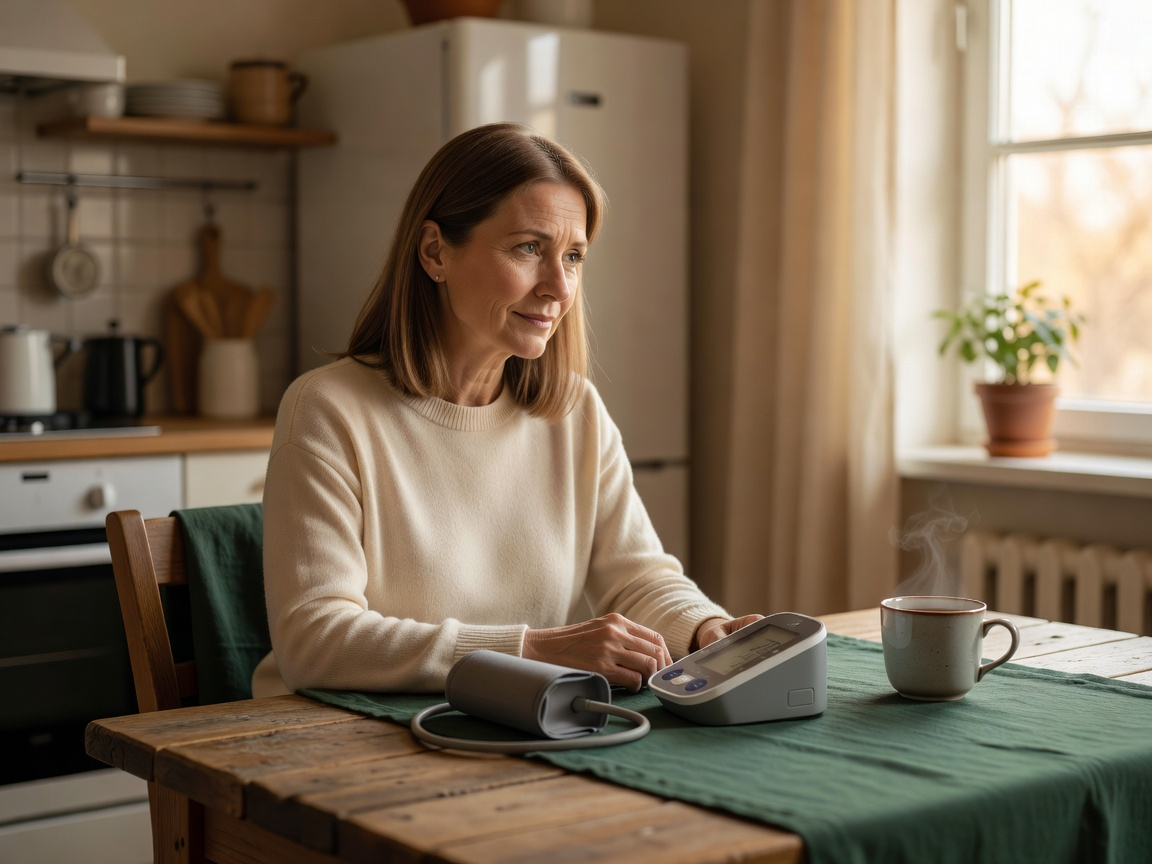 A woman sitting quietly at her kitchen table with a home blood pressure monitor