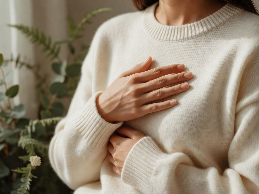 Calm hands resting gently over the heart in soft morning light